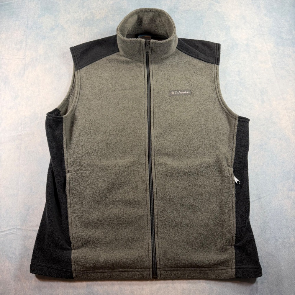 Columbia Fleece Vest Mens M Green Black Excellent Full Zip Colorblock AM1535